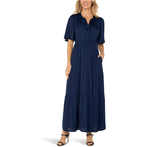 Womens Liverpool Los Angeles Short Sleeve Woven Maxi Dress With Pockets And Smocked Waist