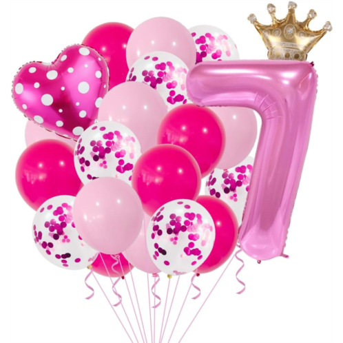 Generic 25pcs Pink Number Balloons Pink Balloons Heart Crown Foil Balloons Party Women Girls Birthday Decoration Supplies (Number-7)