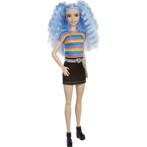 Barbie Fashionistas Doll with Long Blue Crimped Hair, Star Face Makeup, Multi-color Striped Tee, Denim Skirt, Black Boots & Silvery Chain Belt, Toy for Kids 3 to 8 Years Old