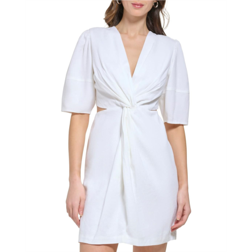 DKNY Short Sleeve Side Cut Linen Midi Dress
