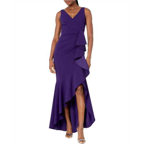 Betsy & Adam Long Crepe V-Neck Dress with High-Low Skirt