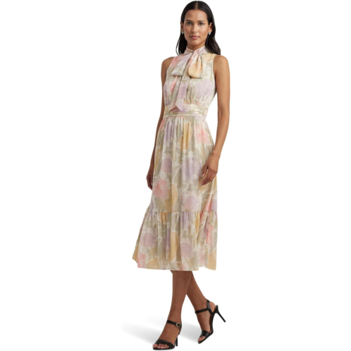 POLO RALPH LAUREN Womens Lauren Ralph Lauren Floral Crinkle Georgette Tie-Neck Dress