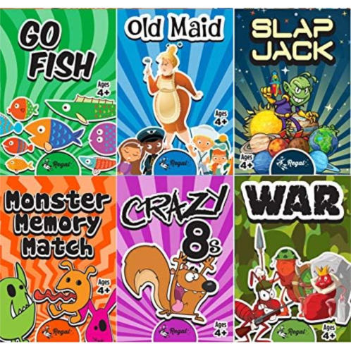 Regal Games Card Games for Kids - Go Fish, Crazy 8s, Old Maid, Slap Jack, Monster Memory Match, War - Simple & Fun Classic Family Table Games - Games May Vary (6 Set)