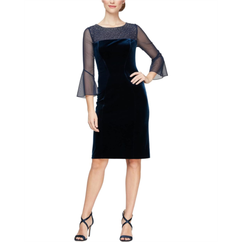 Alex Evenings Short Sheath Dress with Embellished Illusion Neckline and Bell Sleeves