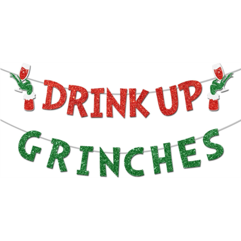 Gollicce Drink Up Grinches Banner, Glittery Christmas Decorations Banners Winter Holiday Garland Photo Props Banner for Party Home Decorations