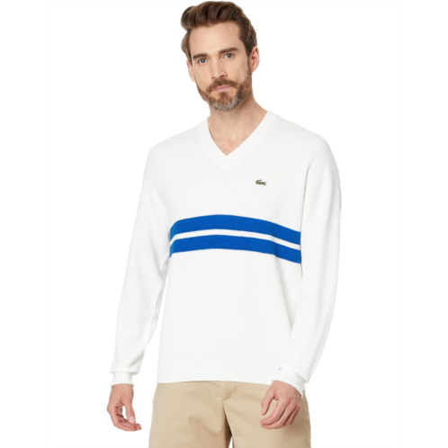 Mens Lacoste Long Sleeve Relaxed Fit V-Neck Sweater with Stripes