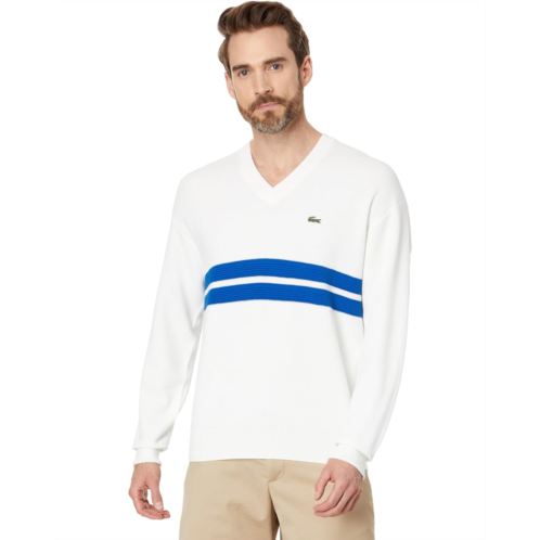 Mens Lacoste Long Sleeve Relaxed Fit V-Neck Sweater with Stripes