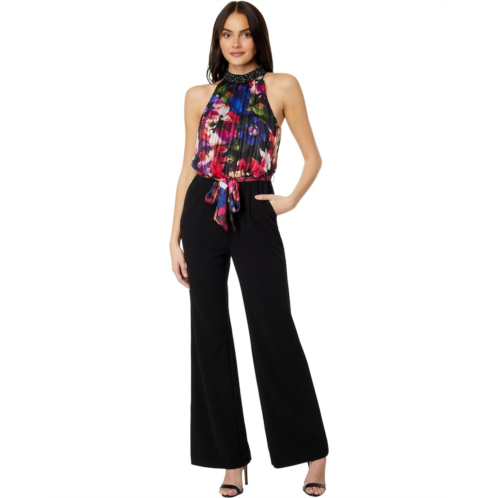 Womens Adrianna Papell Mock Neck Printed Floral Halter Jumpsuit with Solid Black Bottom