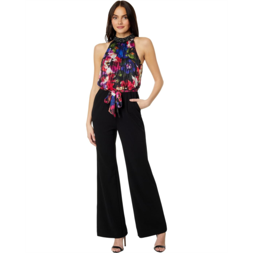 Adrianna Papell Mock Neck Printed Floral Halter Jumpsuit with Solid Black Bottom
