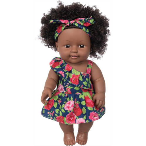 ZNTWEI Black Doll and Black Baby Dolls Clothes Set 11.8 Inch African Silicone Girl Dolls with Rose Dress and Headband Best Gift for Girls