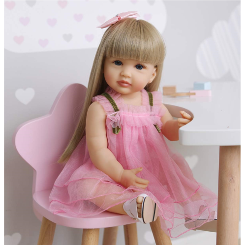 RXDOLL Reborn Baby Dolls Full Body Silicone Vinyl Girl 22 inch 55 cm Realistic Lifelike Toddlers Newborn Baby Doll Waterproof with Blond Long Hair Pink Dress for Girls Birthday