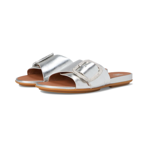 Womens FitFlop Gracie Crystal Maxi-Buckle Metallic-Leather Slides