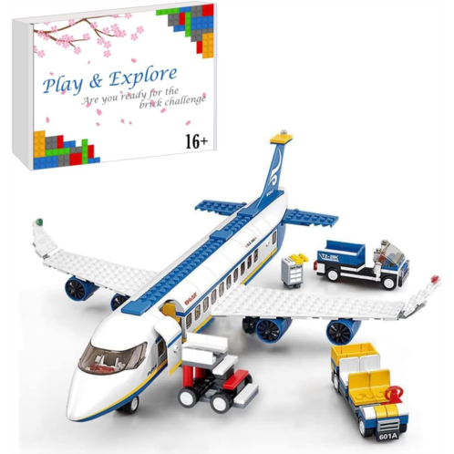 FULHOLPE City Airport Passenger Airplane with Staff Minifigures and Truck Bricks Model Set, 463Pcs DIY Building Block Assembly Mini Particle Construction Toy