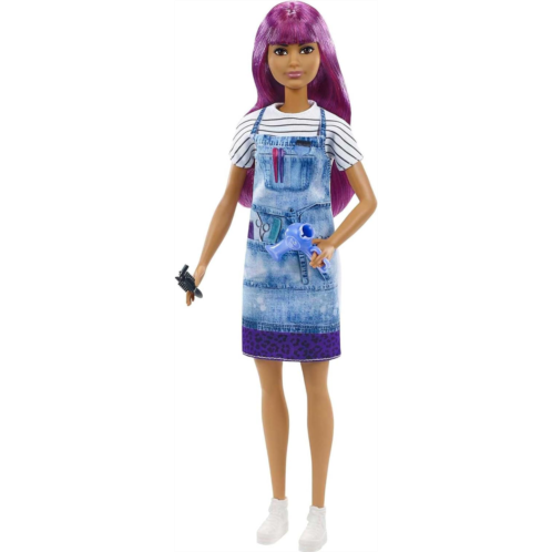 Barbie Salon Stylist Fashion Doll with Purple Hair, Tie-Dye Smock & Striped Tee, Blow Dryer & Comb Accessories