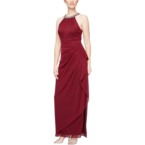 Alex Evenings Long Mesh Dress w/Beaded Halter Neckline & Cascade Ruffle