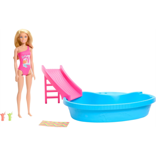 Barbie Doll and Pool Playset, Blonde in Tropical Pink One-Piece Swimsuit with Pool, Slide, Towel and Drink Accessories