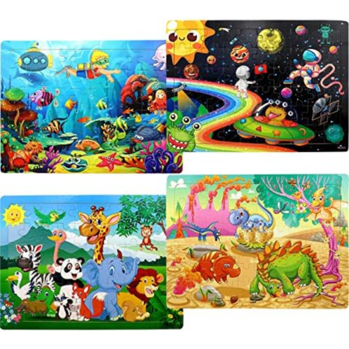 RANSUNN Puzzles for Kids Ages 4-8, 4 Pack Wooden Jigsaw Puzzles 60 Pieces Animal Dinosaur Puzzle Preschool Educational Learning Toys Set for Boys and Girls