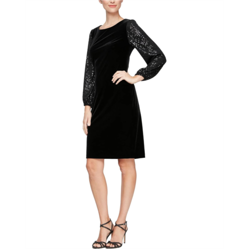 Womens Alex Evenings Short Sheath Dress w/ Long Sequin Bubble Hem Sleeves