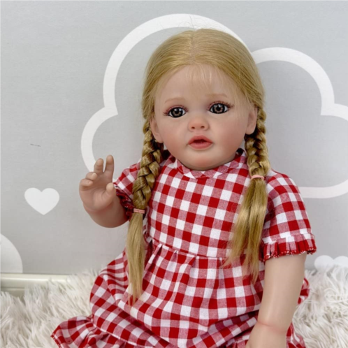 RXDOLL Lifelike Toddlers Reborn Girl Doll 24 inch Realistic Reborn Baby Dolls Girls Reborn Toddler Dolls That Look Real Silicone Blonde Long Braid Hair Mouth Open