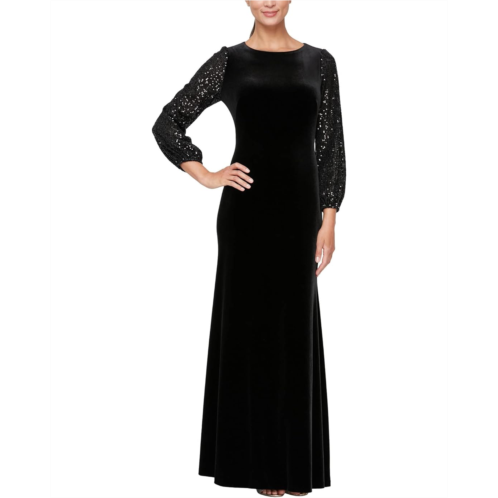 Alex Evenings Long Sheath Dress w/ Long Sequin Bubble Hem Sleeves