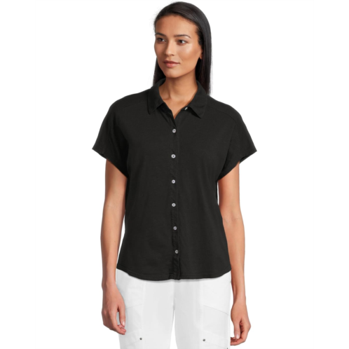 Womens Elliott Lauren Enzyme Wash Jersey - Short Sleeve Button Front Tee with Collar