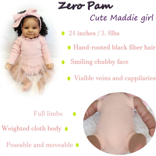 Zero Pam Black Reborn Baby Doll 24 Inch Realistic Lifelike Biracial Newborn Girl Dolls Soft Silicone Baby Reborn African American Baby Girl Dolls Reborn Toddler Dolls with Cloth Bo