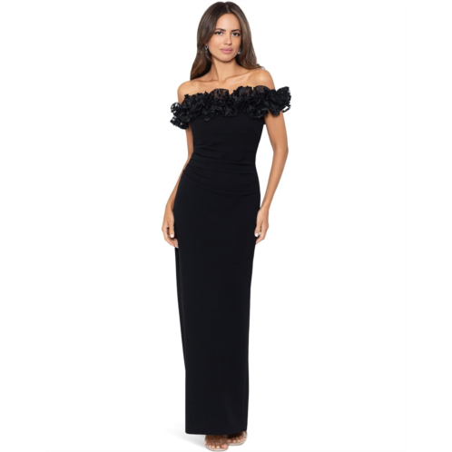 XSCAPE Long Off-the-Shoulder Crepe 3-D Embroidered Ruffle