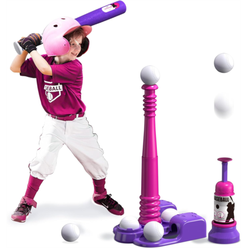 QDRAGON 2 in 1 T Ball Sets for Kids 3-5 5-8, Tee Ball Set with Automatic Pitching Machine/Adjustable Batting Bat & Stand/6 Balls, Baseball Toys Outdoor Sport for Toddlers Girls, Pi