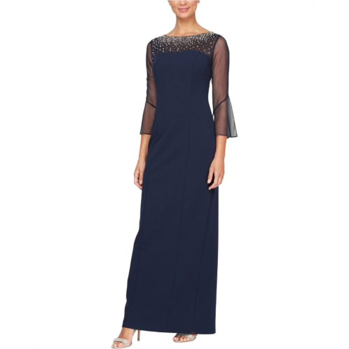 Womens Alex Evenings Long Column Dress with Mesh Bell Sleeves and Heat Set Neckline