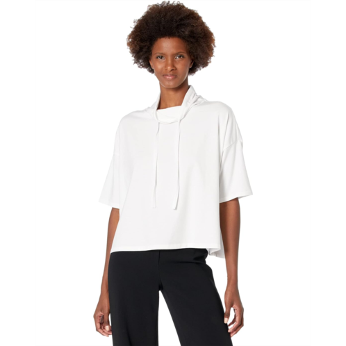 Eileen Fisher Funnel Neck Elbow Sleeve Boxy Top in Organic Cotton Stretch Jersey