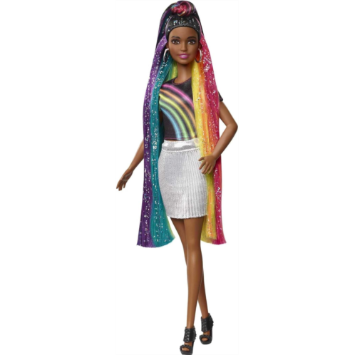 Barbie Rainbow Sparkle Hair Doll Featuring Extra-Long 7.5-inch Brunette Hair with a Hidden Rainbow of Five Colors, Sparkle Gel and Comb and Hairstyling Accessories, Gift for 5 to 7
