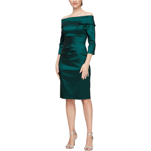 Alex Evenings Short Off The Shoulder Taffeta Dress with Ruched Waist Detail