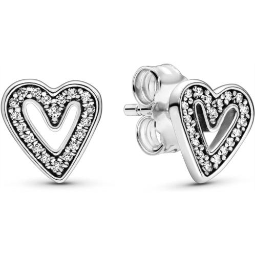 PANDORA Sparkling Freehand Heart Stud Earrings - Elegant Earrings for Women - Great Gift for Her - Made with Sterling Silver & Cubic Zirconia