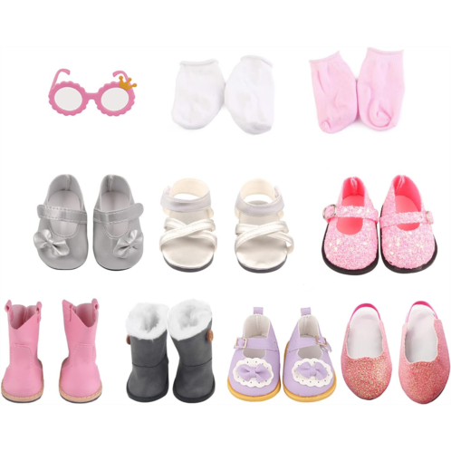 MSYO Doll Shoes for 18 Inches Dolls, 19 Pcs 18 Inches Doll Accessories Include 7 Pairs of Cute Shoes, 2 Pairs of Socks, Glasses, Doll Gray Snow Boots, Pink Boots, Sandals, Sequin S