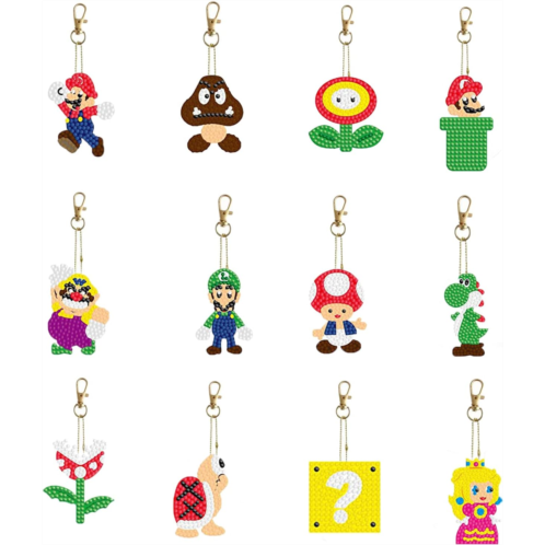 Augweyang Super Bros 5D Diamond Painting Keychains Kits 12Pcs Anime Video Game DIY Double Sided Full Drill Mosaic Diamond Key Rings Art Ornaments for Kids Adults Home Craft Decoration Suppli