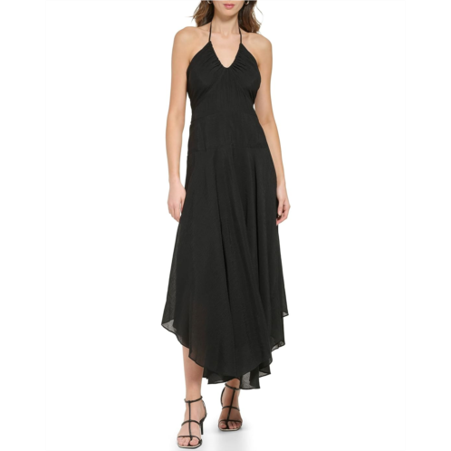 DKNY Sleeveless Crinkle Halter Maxi Dress