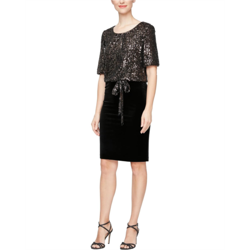 Alex Evenings Short Blouson Dress with Sequins Bodice and Velvet Slim Skirt