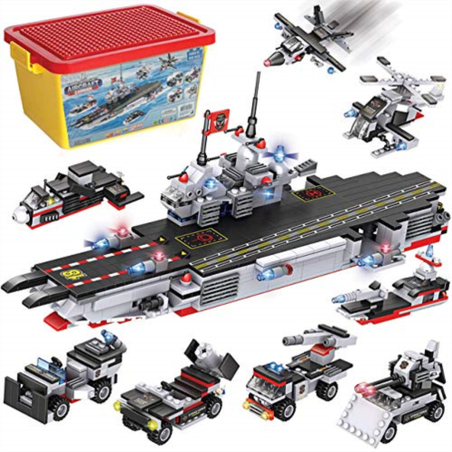 Liberty Imports Military Aircraft Carrier Building Blocks Set 8-in-1 Naval Battleship Model Toy Compatible Bricks Kit with Army Vehicles, Helicopter, Jet & Boats, Storage Box with Baseplate Lid fo