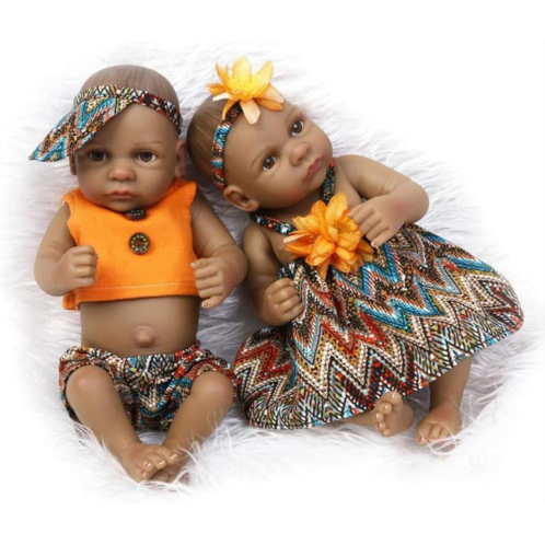 TERABITHIA Mini 11 Black Couple Alive Reborn Baby Dolls Silicone Full Body African American Twins