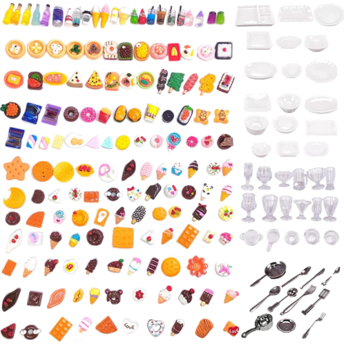 Atoyzybin 200pcs Miniature Food Drinks for Dollhouse Mini Toys Doll House Kitchen Play Mixed Resin Dollhouse Accessories forHamburger Bread Ice Cream Cake Tableware Party