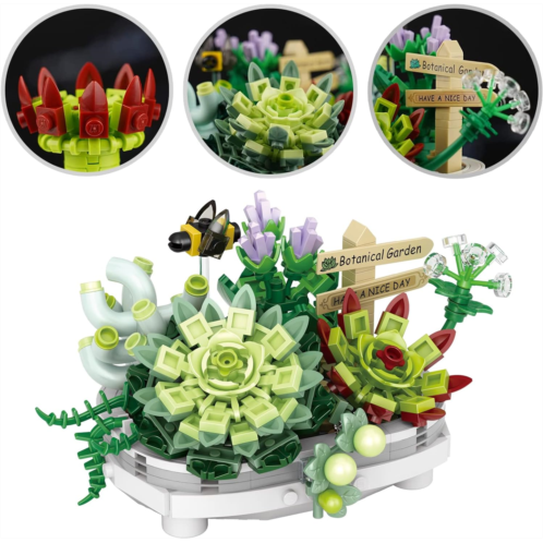 YONGJULE Building Blocks for Adults- Succulent Building Toys, Bonsai Botanical Collection Toy Building Sets, Plants and Flowers DIY Home Decoration, Gifts for Women Kids (Not Compatible wit