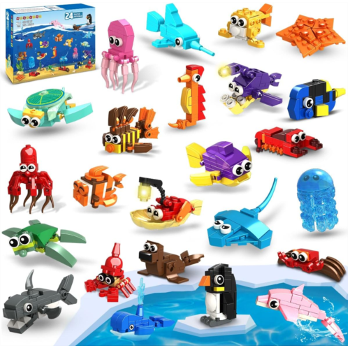 HOGOKIDS 24 Pack Party Favors for Kids Building Set - 629PCS Marine Animals Building Blocks Toy for Goodie Bag Stuffers Classroom Prizes, Valentines Day Easter Birthday Gift for Bo