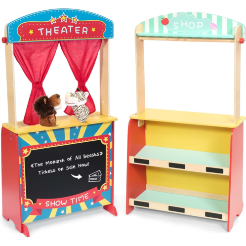 Rundad Wooden Puppet Theater Bonus 2 Hand Puppet, Double-Sided Lemonade Stand & Puppet Show Theater for Kids, Wood Deluxe Children Puppet Theatre Toy with Chalkboard