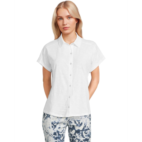 Womens Elliott Lauren Enzyme Wash Jersey - Short Sleeve Button Front Tee with Collar
