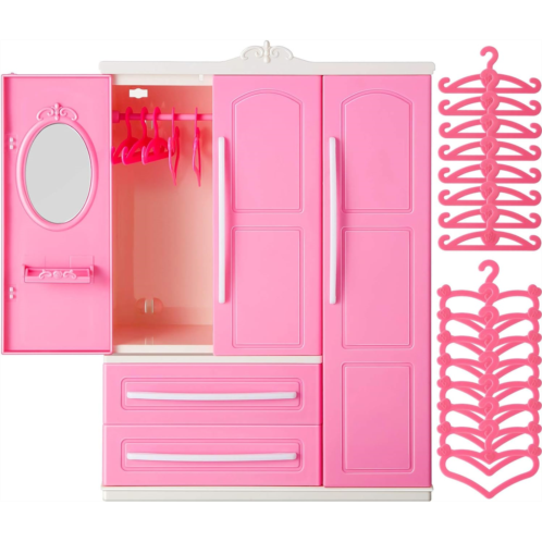 Skylety Doll Closet Furniture Wardrobe Clothing Organizer Doll Open Wardrobe Dollhouse Closet with 20 Pieces Doll Hangers 2 Style Pink Plastic Hangers Dollhouse Furniture Accessories (Clas