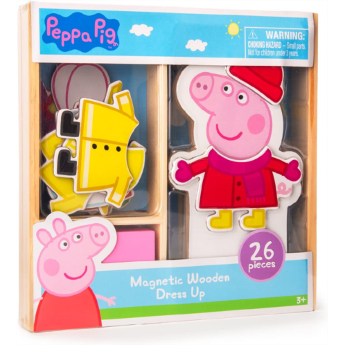 TCG Toys Peppa Pig Magnetic Wood Dress Up Doll. Includes 26 Colorful Magnetic Wood Pieces and Wooden Storage Box. Encourages Creative Play with Mix and Match Fun for Preschoolers and Kids A