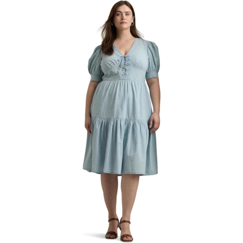 POLO RALPH LAUREN Womens Lauren Ralph Lauren Plus-Size Chambray Puff-Sleeve Dress