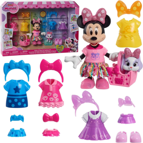Just Play Disney Junior Minnie Mouse Glitter and Glam Pet Fashion Set, 23-piece Doll and Accessories, Officially Licensed Kids Toys for Ages 3 Up