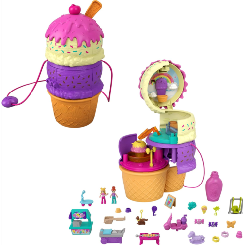 Polly Pocket 2-in-1 Travel Toy Playset, Spin N Surprise Ice Cream Cone with Micro Polly & Lila Dolls & 25 Accessories