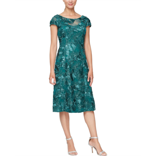 Alex Evenings Tea Length A-Line Soutache Dress with Cap Sleeves